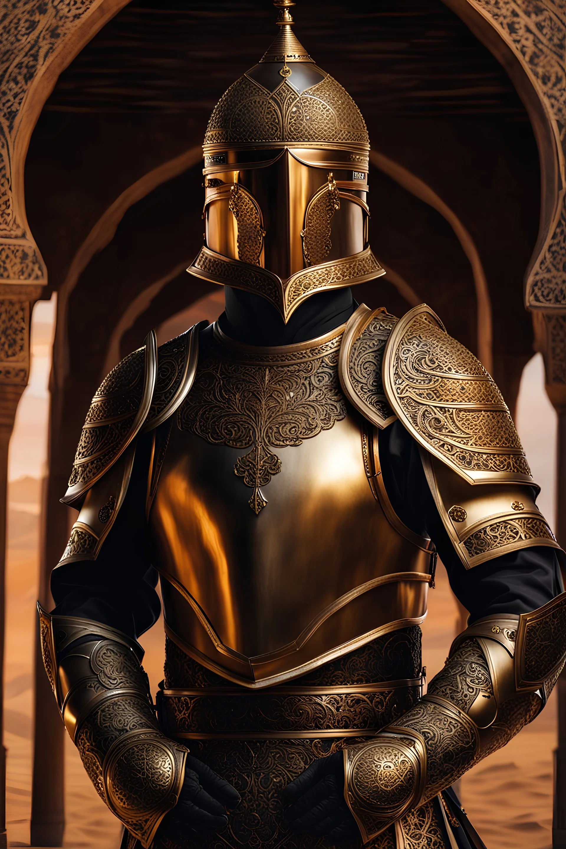 Full body photography,front_view,militan islamic looking at viewer,traditional dress ornaments mechanical_armor,intricate armor, delicate golden filigree, intricate filigree, black metalic parts, detailed part,desert background, dynamic lighting