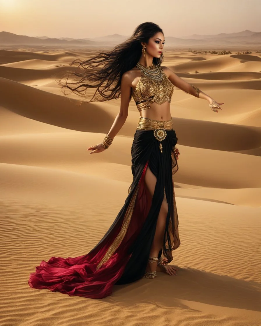 Photography Sahara desert, oasis, slender oriental girl of incredible beauty in full height, bare stomach, face half-covered with chiffon, very long hair curling in the wind, tanned skin, dancing oriental dance on the sand, middle east oriental dance costume in black and gold, silk, ruby ​​jewelry, three-dimensional drawing with colored pencils, aesthetics of a female flexible body, hyperrealism, filigree, ultra-detailed face, body and hands, in the style of oriental fairy tales