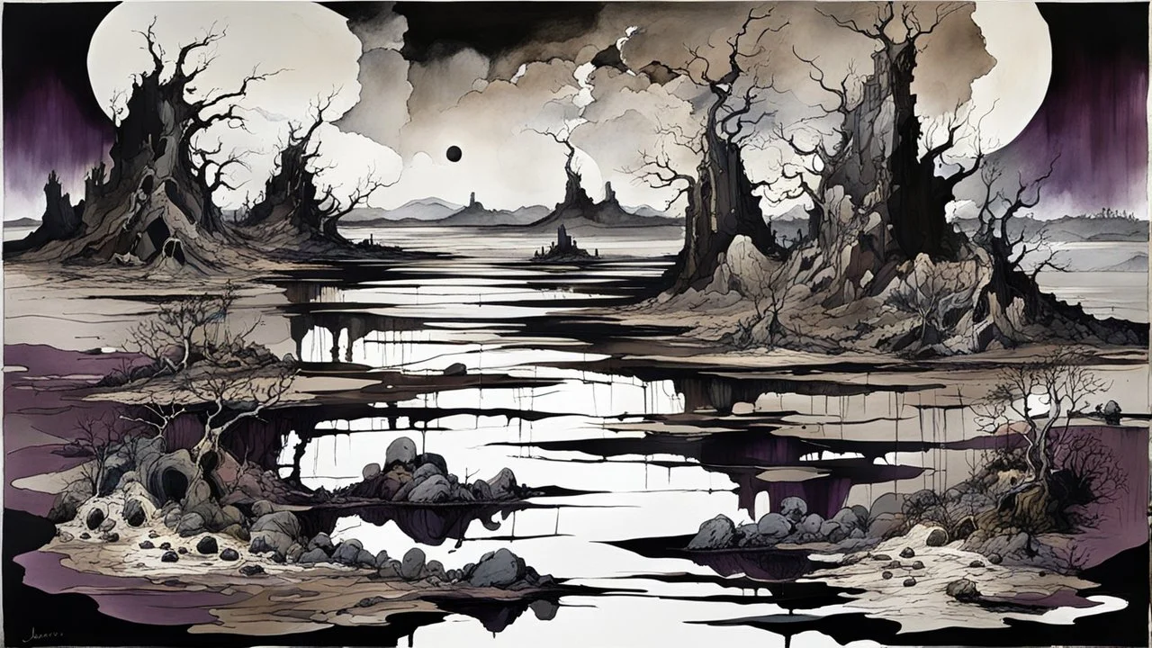 painted inner world with uncontrolled mind and neurodivergens soul, floating islands and rocks over surreal cracked weird empty landscape . deep dark purple, gray, black, white, brown, malachit, cream color. Whimsical strange style of yoji shinkawa, of Quentin Blake. No people in picture, weird absurd beauty nightmare, black rawen, in background fade neuron network-web, surreal vibe,
