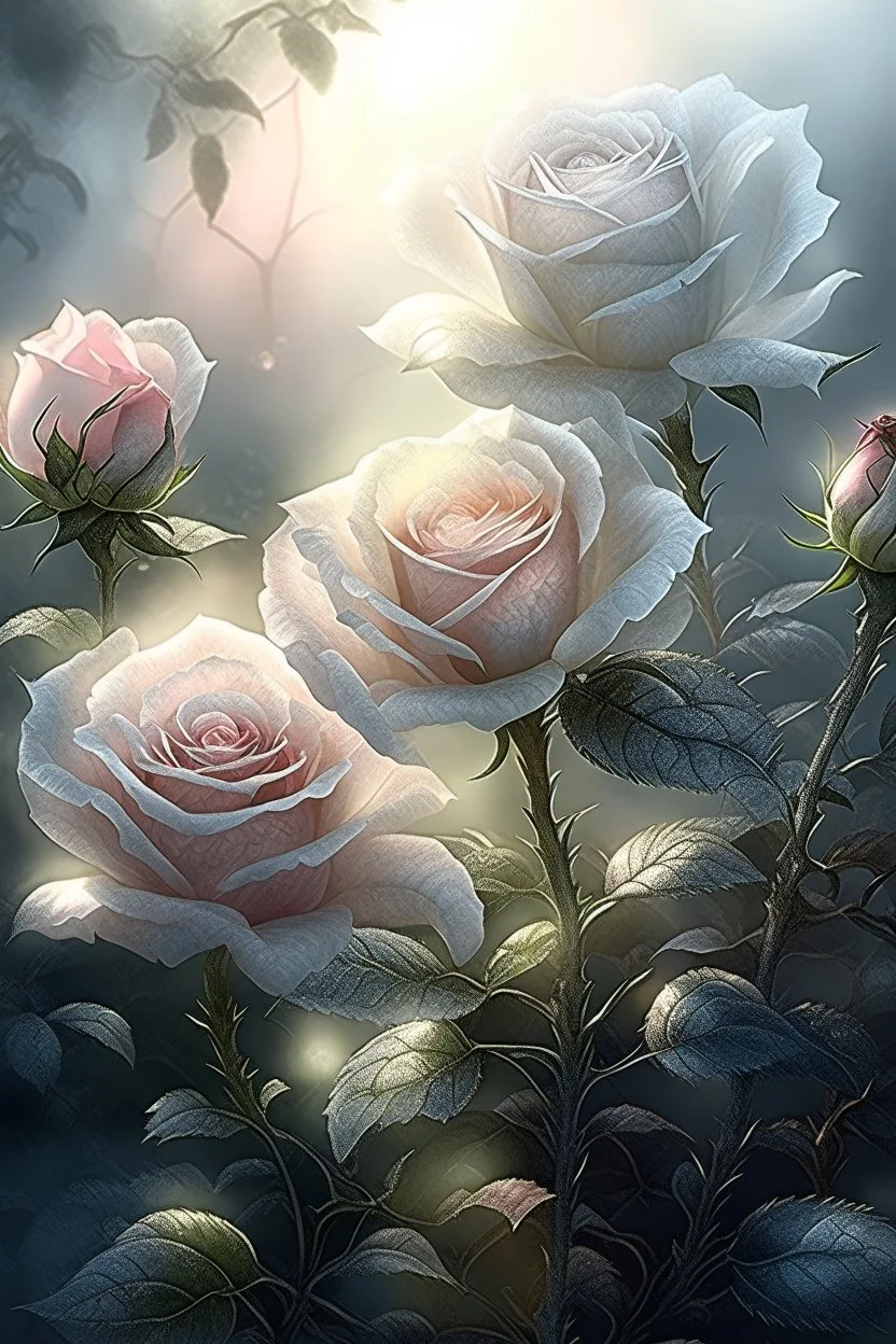 magic rose flowers,delicate petals,natural light ,sunlight,dew,fine ink drawing,landscape,fog,lots of details,realistic,high quality,3d, work of art,hyperdetalization,professionally,filigree,hazy haze,hyperrealism,transparent,delicate pastel tones,back lighting,contrast,fantastic,unreal,translucent,glowing,clear lines,horror,epic,fabulous,fabulous landscape