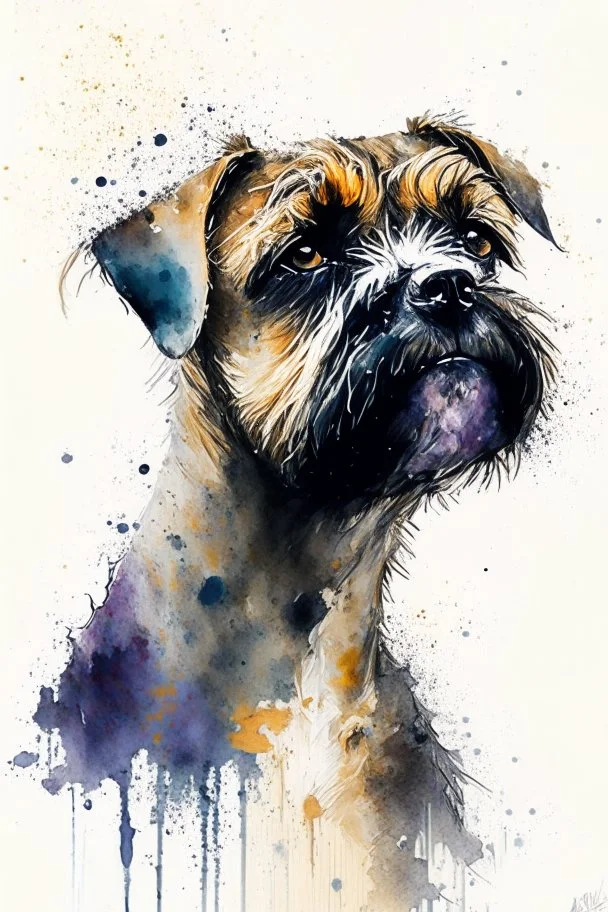 A minimalist portrait of a border terrier by Ryan Hewett , willem haenraets, watercolor, wet on wet and splattering techniques, centered, perfect composition, abstraction, surrealism
