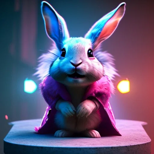 pixar style anamorphic cute cyberpunk rabbit baby, smiling, full body, magenta puffer jacket, manila city backdrop, hyper realistic, unreal engine 5, 16k