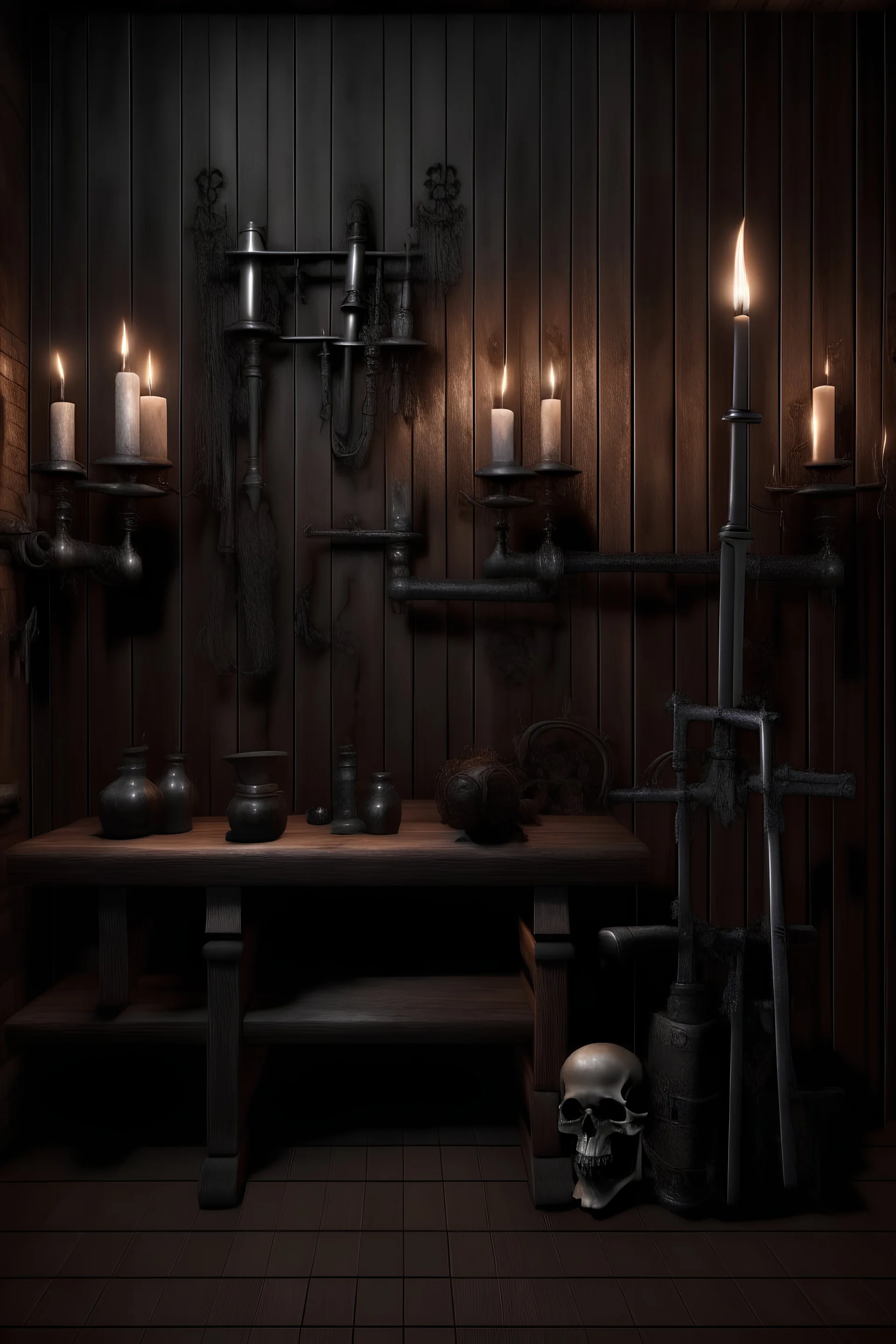 dark wooden wall with victorian pistols, swords, crossbows, armour. candles