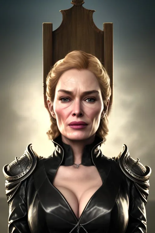 Cersei Lannister as evil queen in black leather coat, busty, cleavage, voluptuous, lena headay, angry, stern look. character design by cory loftis, fenghua zhong, ryohei hase, ismail inceoglu and ruan jia. unreal engine 5, artistic lighting, highly detailed, photorealistic, fantasy