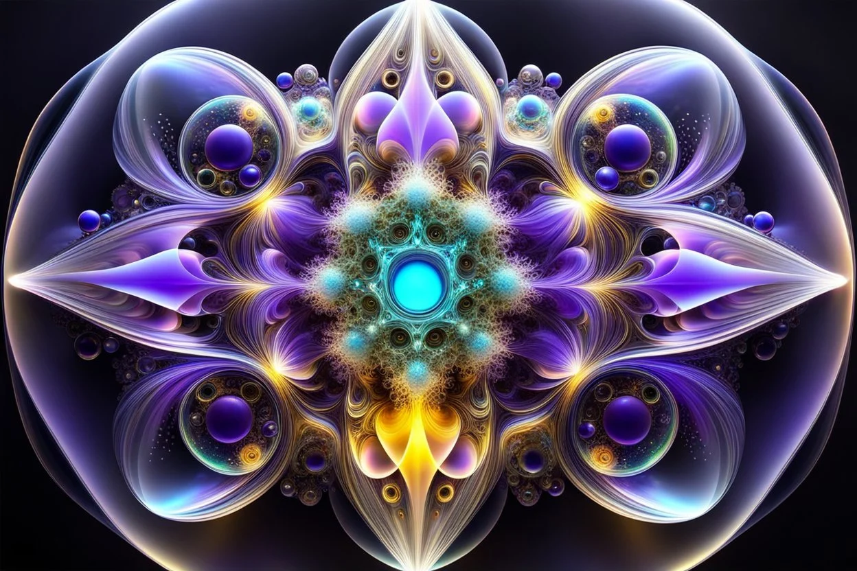 Dynamic complex hypnotic fractal 3D with horizontal Symmetry structures twisting and morphing between organic and geometric forms, smooth translucent iridescent glass with inner glow and bubbles, varied transparent materials, stormy skies, intense dramatic