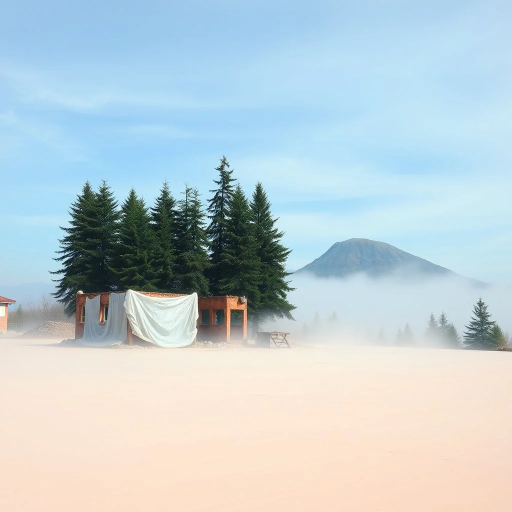 A super high definition photo of an open space with structures. A transparent tarpaulin covers a ruined building. There is a group of fir trees in the background and a high hill in the distance. The surface below is in a pastel color. Fog is present.