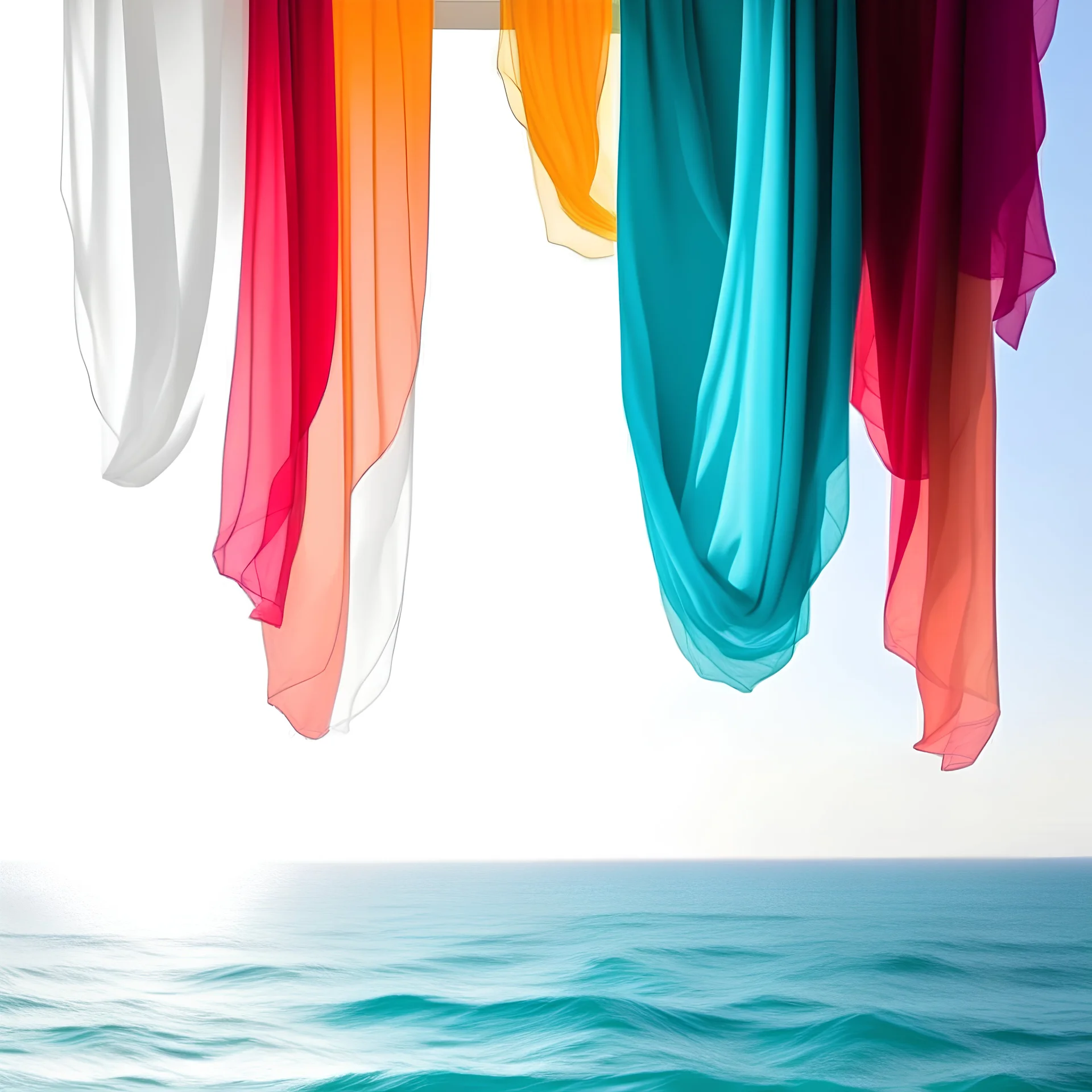 A white curtain above the sea, turquoise, pink, orange,