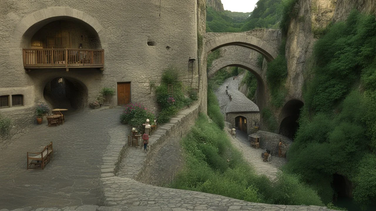 cobbled street with buildings and shops cut from rock, over hanging cliff face, arches, and bridges