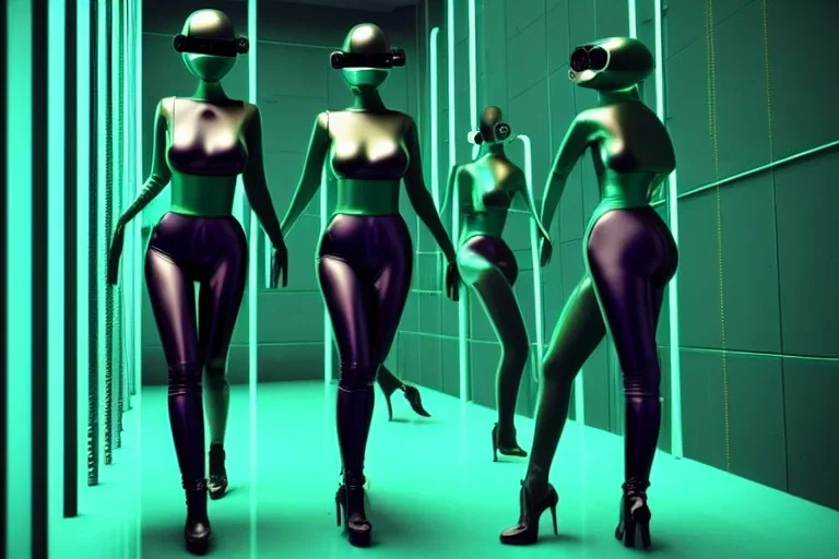 Dark green to cyan metal surfaces body, latex. partly coverage metallic. Big butts, hot Russian military girls marching. Old-fashioned telephones, cameras integrated to heads. Matrix leather. Cyber-punk machines. Dystopia perfect body. Red&blue 3D-tiling. Dystopia. Partly symmetrical in relation to machines. Perfect golden ratio in vertical and horizontal directions. Bending time-space-continuum. Balls in 5th dimension Tessellation in 4-dimension long tendrils. paranoid neon disco. minigun rifle