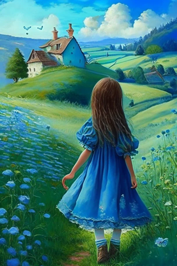 Once upon a time, in a small village nestled between rolling hills and lush green fields, there lived a curious teeneage girl named Lily. She was an imaginative child with blue dresswith an insatiable desire for adventure.