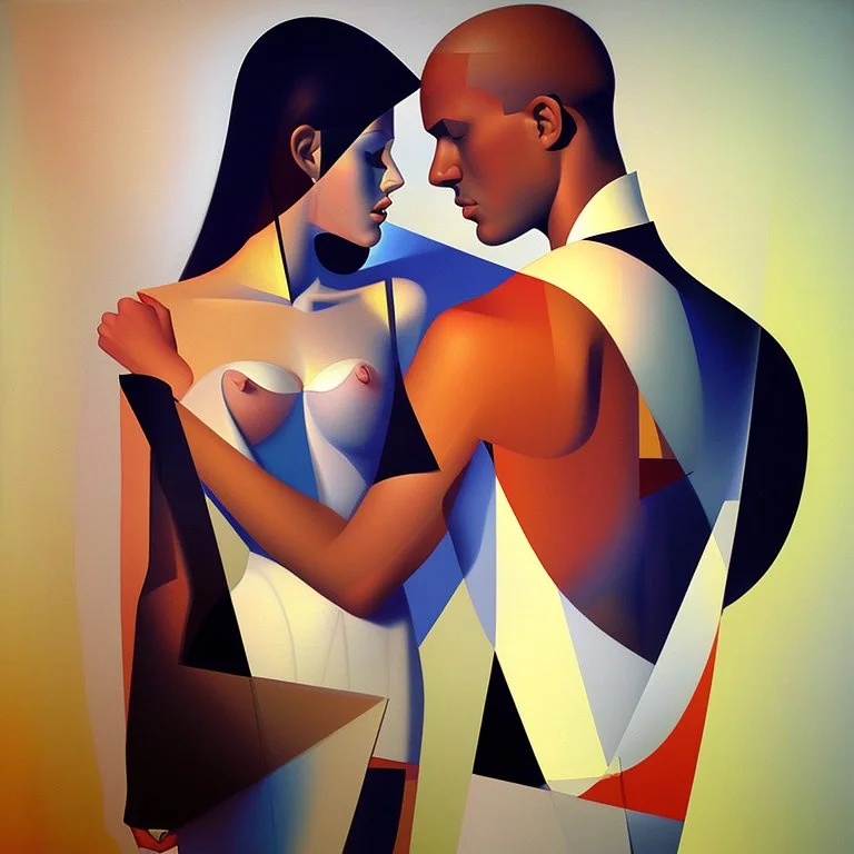 a painting of a man and a woman, a cubist painting by Keith Mallett, cg society, figurative art, cubism, fauvism, art