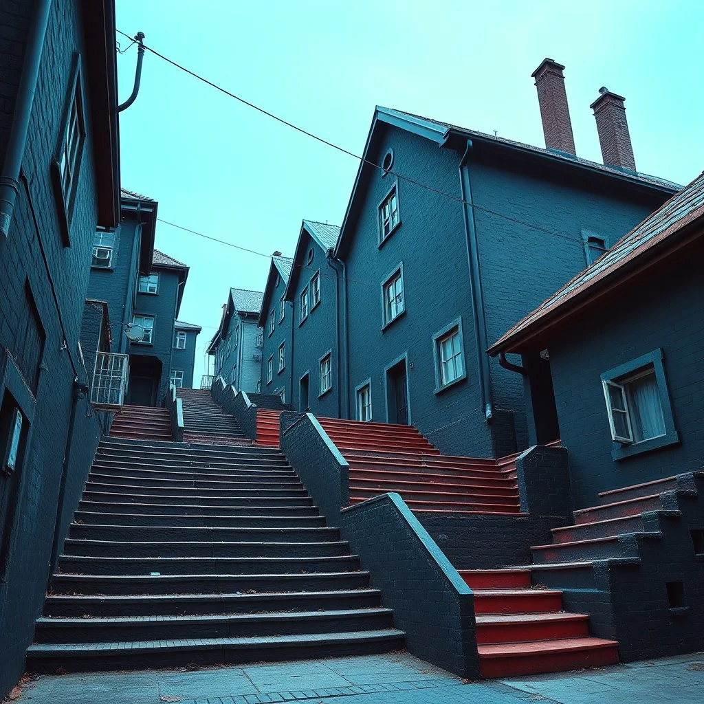 Fotografia di strada assurda e falsa orripilante blu weirdcore dai colori vivaci, liminalcore. Escher. Confusione geometrica. Scale che scendono. Yves Tanguy. Non luogo falso, inusuale. Le case sono false e dipinte di nero chiaro con cose stilizzate e dettagli. Ci sono finestrelle false quadrate, che danno un senso distopico e molto surreale, disposte in modo casuale. L'atmosfera generale sembra noiosa e onirica, con un contrasto tra elementi reali ed elementi dipinti falsi, René Magritte