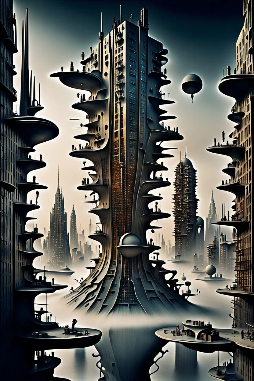 a stunningly weird image of a futuristic metropolis using Salvador Dali's paranoiac-critical method, where buildings and structures appear to melt into the skyline cityscape is filled with floating mad, twisted sharp metal shapes that interact with the buildings and each other, forming a surreal tableau of a dreamlike reality. neu-steampunk vibe, essence of the scene in a cinematic manner, with dramatic shadows that enhance the distorted perspectives and bizarre