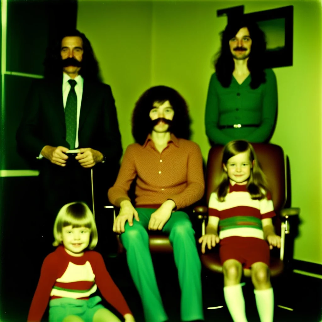 Awkward Family Photo, old and young sitting on chairs, weird smiling, long 1970 hair and mustasch, polaroid camera