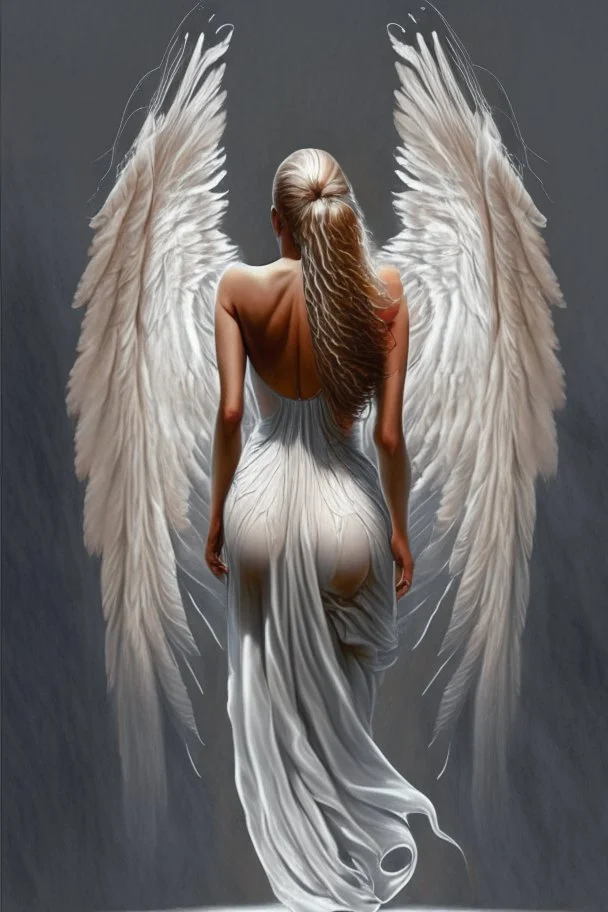 full body woman angel from back wings coming from her back, bun haired angel wearing long tunic ultra realistic