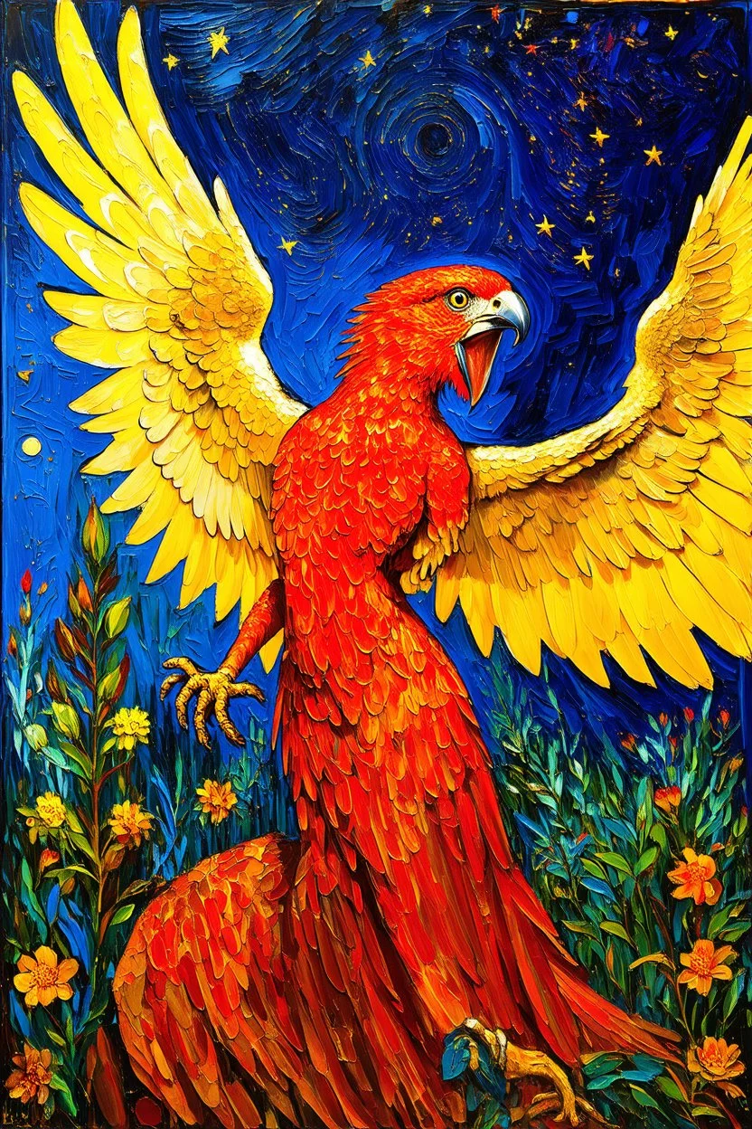 "Shrieking Harpy" has a post-impressionist backdrop similar to A Starry Night with a central figure of a shrieking harpy blended in the styles of Gustav Klimt and Edvard Munch