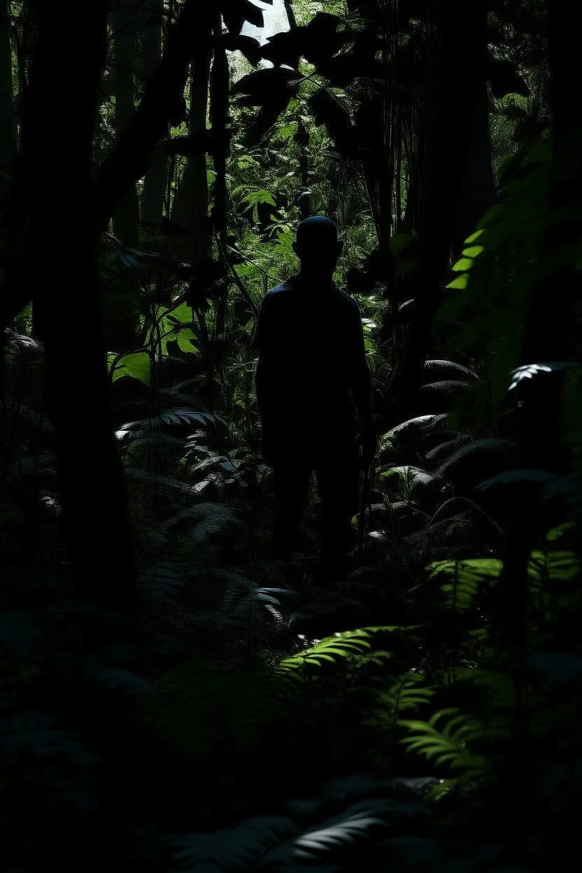 A dark shadow standing in a dark and quiet forest with lots of plants and vegetation