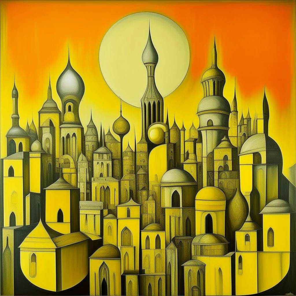 A grayish yellow futuristic city with lightbulb shaped buildings designed in Indian Gond art painted by Pablo Picasso