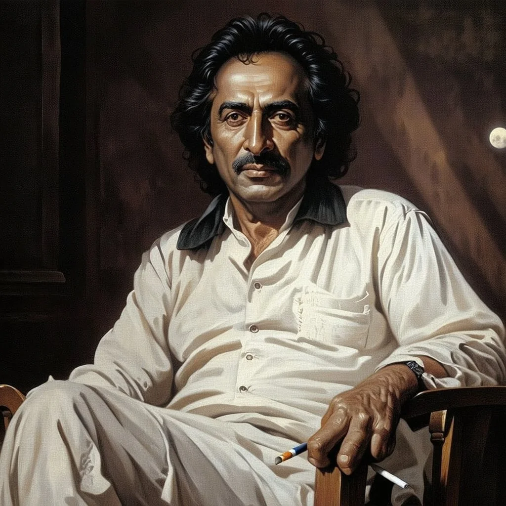 Hyper Realistic Jaun Elia Poet Sitting A Wooden Chair In His Dark Room Writing Poetry With Cigarette In His Other Hand On A Rustic Table With Moonlight Rays coming from Window At Dark Night With Cinematic & Dramatic Ambiance.