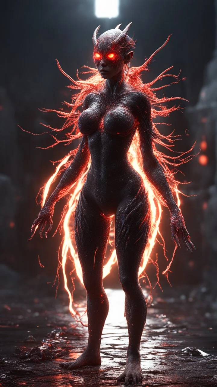 Demon girl, sparks around her, fullbody, many worms parasite creature, 8k, macro photography, high detail, render, unreal engine 5, cinema 4d, HDR,