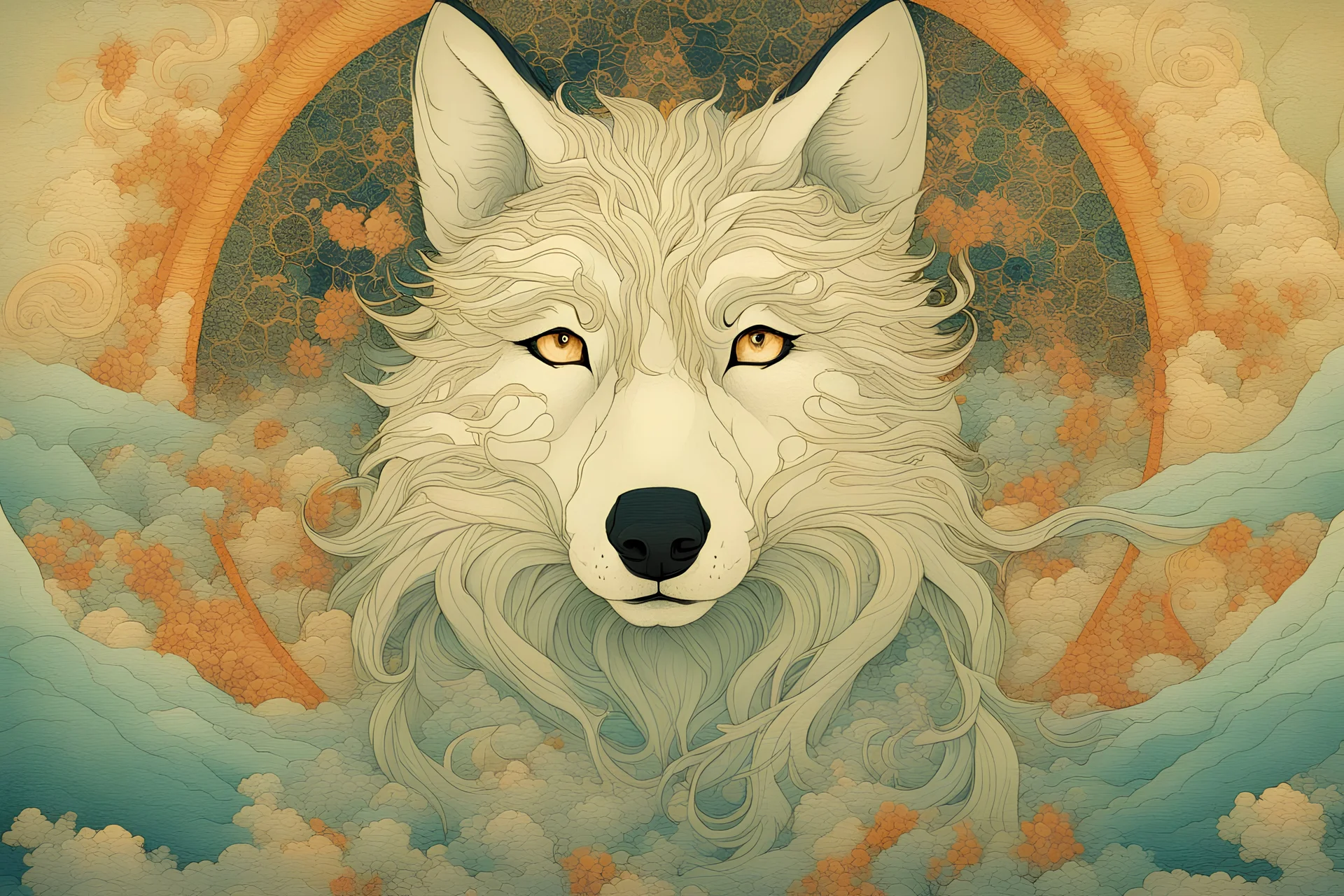 portrait of a mystic wolf, by victo ngai, by Hokusai, rbg, psychedelic, fractals, sacred geometry, medicine, sacred