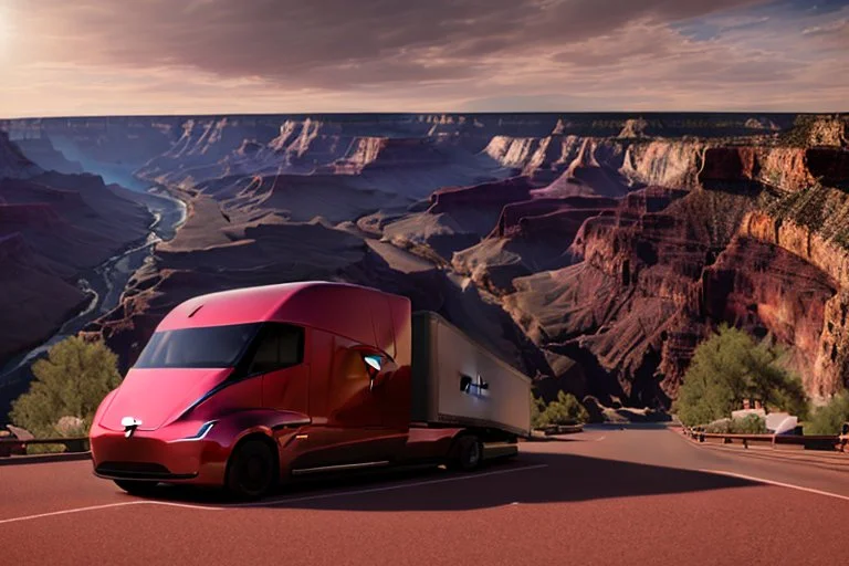 A Tesla 'Semi' (semi truck) is parked, in the 'Grand Canyon National Park'. (CINEMATIC, WIDE ANGLE LENS, PHOTO REAL)