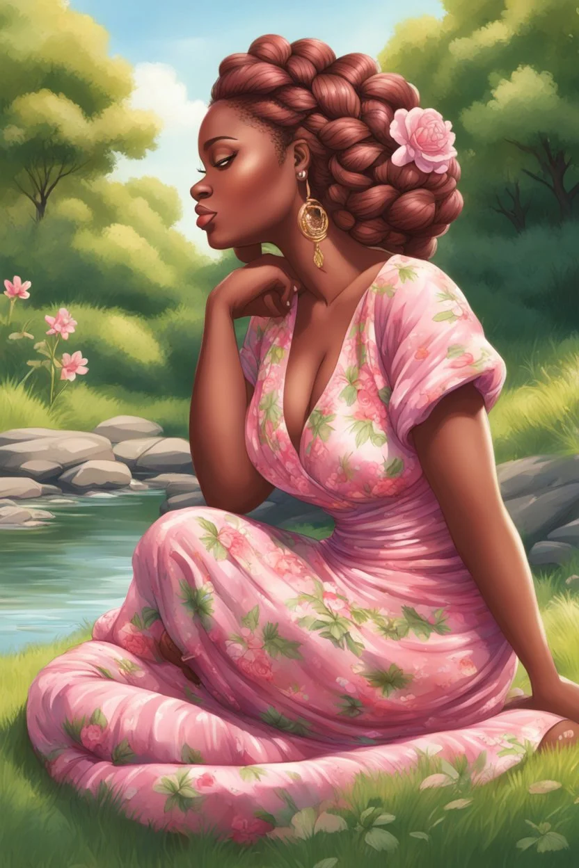 An airbrushed illustration of a curvy black cartoon woman sitting relaxed on a sunny riverbank, lush green grass surrounding her. Facing left in profile, she has flowing chestnut hair styled in an elaborate braided twist. complementing the pink floral maxi dress wrapped snugly around her exaggerated curves. One hand touches her cheek lightly as she looks to the distance, brown eyes enhanced by long lashes and purple eyeshadow. Bold brown lips match the brown flowers on her dress