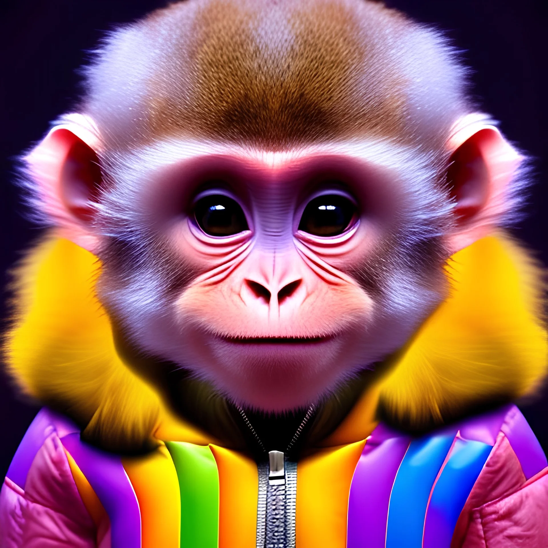 pixar style anamorphic cute monkey baby, smiling,gangsta gold neckless, full body, magenta puffer jacket, manila city backdrop, dramatic lighting, hyper realistic, unreal engine 5, 16k. full detailed