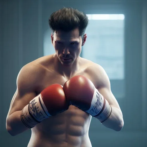 Cyberpunk Man boxing in the ring unreal 5, octane render,cinema4d, dynamic lighting, 8k, redshift render, highly, hyperrealism ultra detailed, hyper realistic.