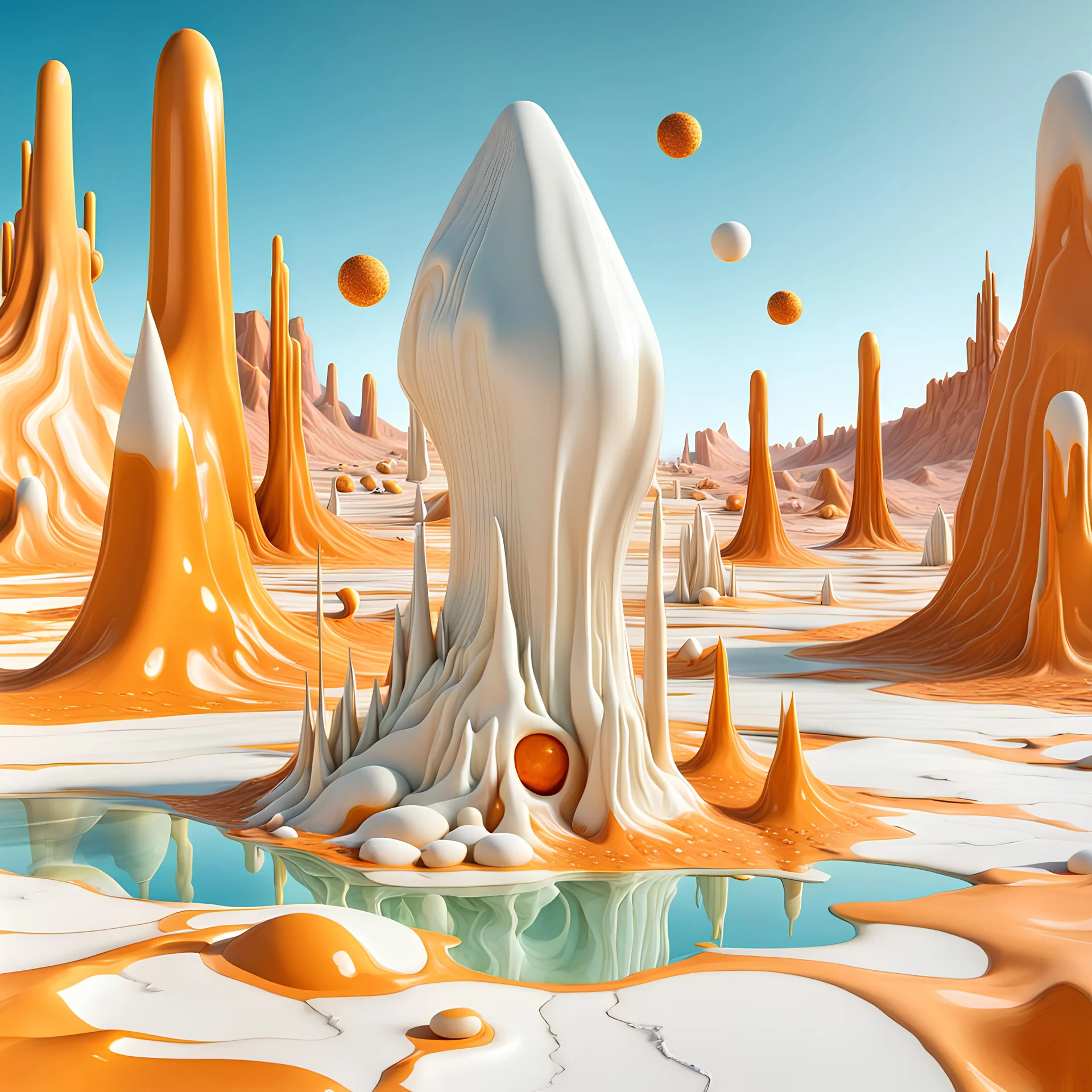 Bright, glittering, 3d, marble-like, surreal objects in a bright environment, desert, noon light, melting cream, Yves Tanguy style