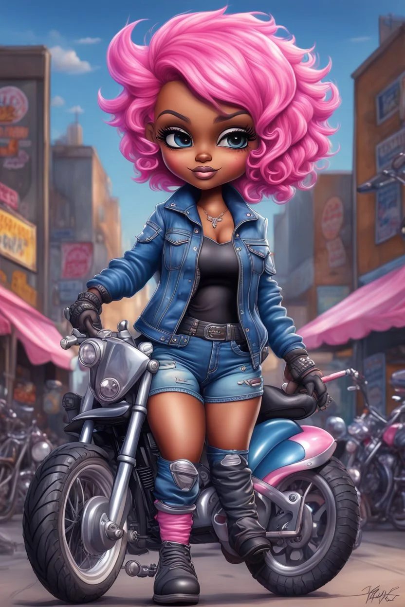 airbrush illustration of the chibi cartoon character, a voluptuous black female in a blue jean outfit with biker boots. Her prominent makeup and hazel eyes, along with her detailed pink pixie haircut, are featured in this image, set against the background of a lively bike show.