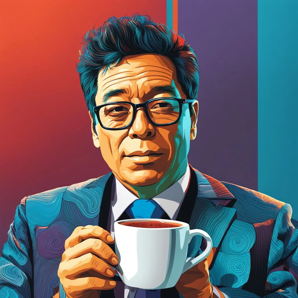 Imágen de arte lineal de Gustavo Petro tomando café calidad ultra, hiperdetallado, 8k, 3d, colores complementarios