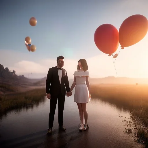 couple, balloons in the air, closed eyes, rtx, reflection, 8k, glow, winning photography, caustics, girl with black hair