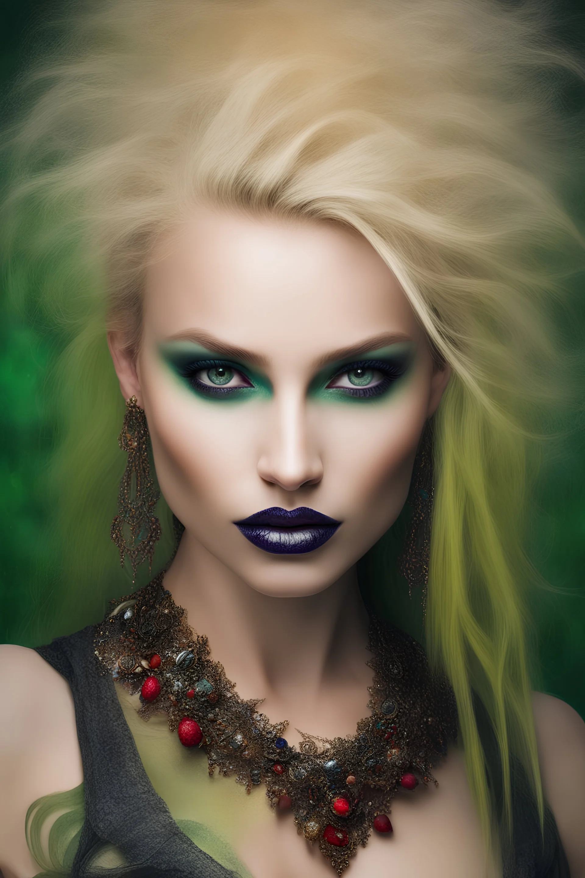 Portrait of a thing with green skin - perfect face, perfect body, perfect eyes, perfect figure, full red lips, spikey, teased up Motley Crue styled blonde hair, professional quality, UHD, 8x10 digital photograph -colorful, playful, bright, vibrant, jewelry, calligraphic, dainty, ornate, flirtatious, Delicate, beautiful patterns, fairy tale background, dark blue and gray gradated background, fog, multicolored explosions of light