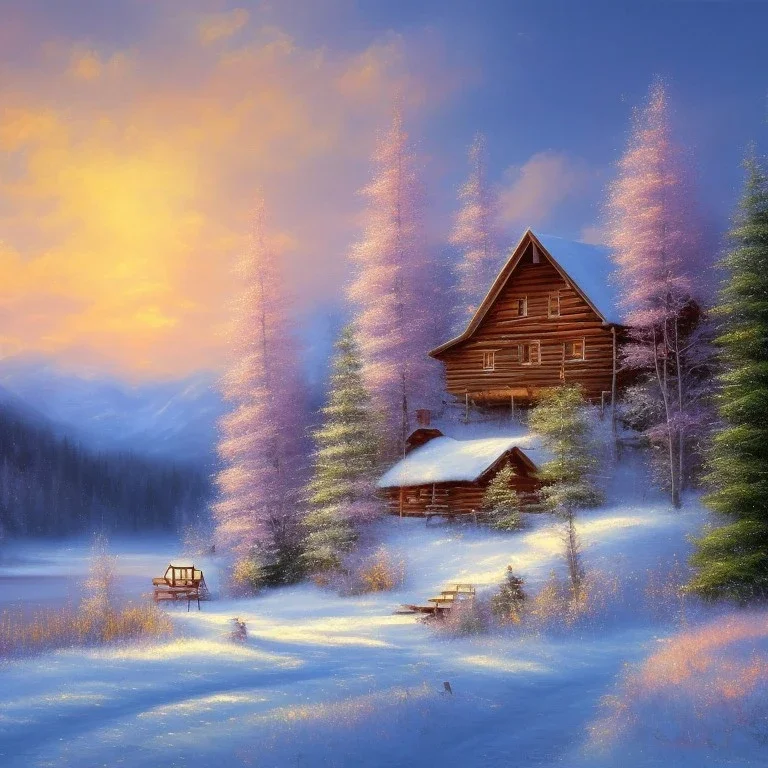 landscape mountain small cabin snow, oil painting, pink, blue, white colors, bob ross style, detailed