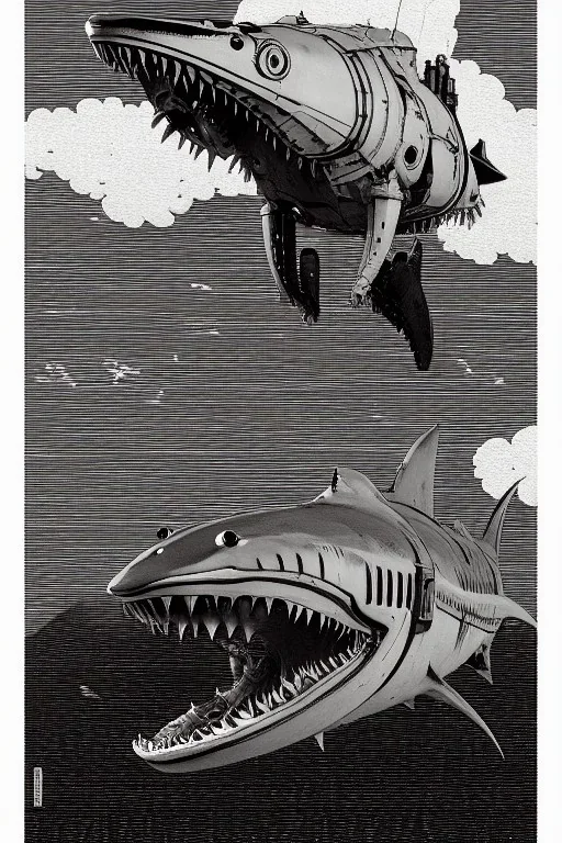 As monochrome image of a steampunk shark robot, by kawase hasui, moebius and edward hopper,gustave dore, colorful flat surreal design, hd, 8 k, artstation