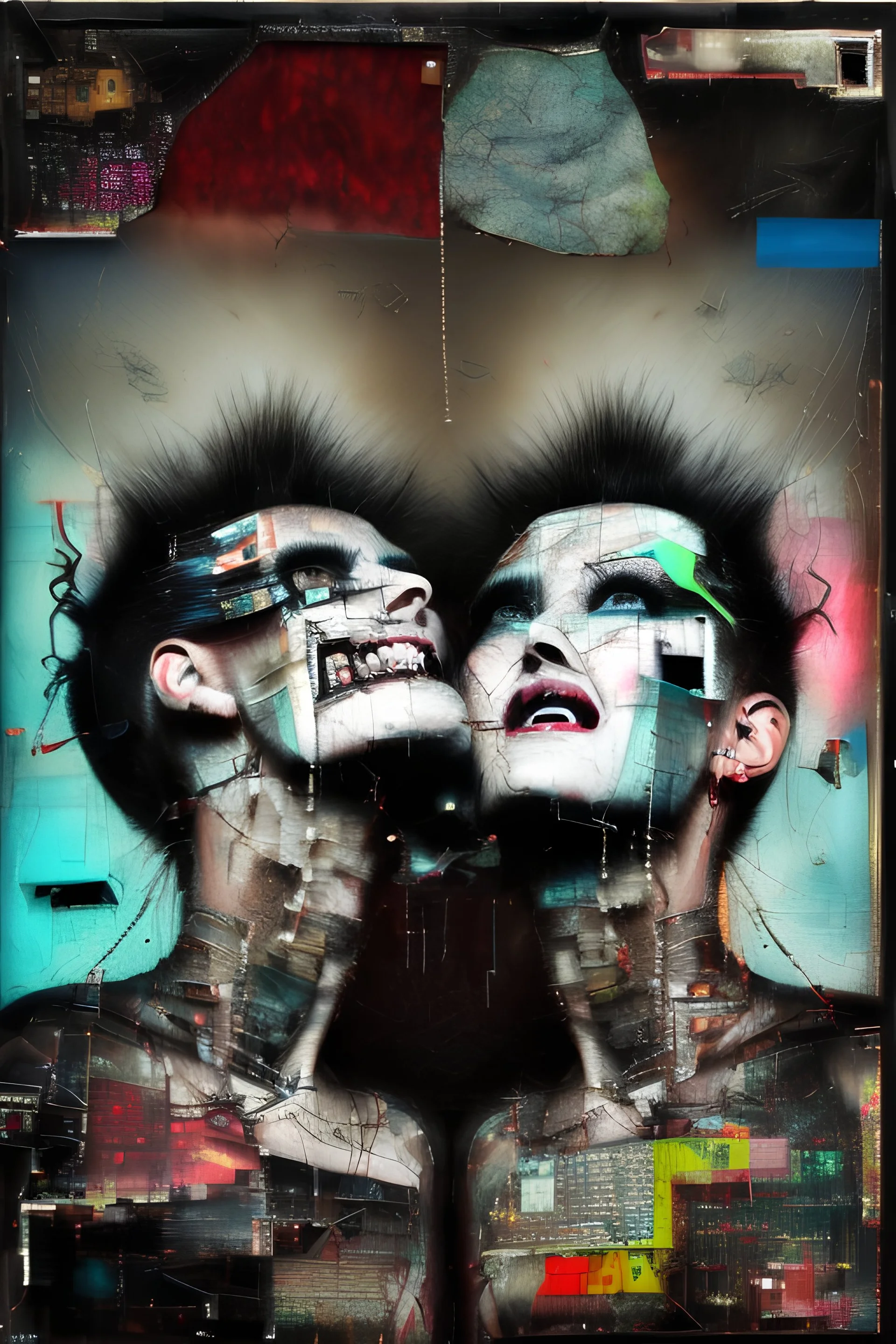 Ultra detailed surrealism medium portrait painting of two woman laughing out loud, they are evil, dark and abstract background,torn up collage of clippings, broken circuitry background, matrix effects, punk visual art, punk art aesthetic, graffiti art, pop surrealism, collage art, cluttered paint glitches