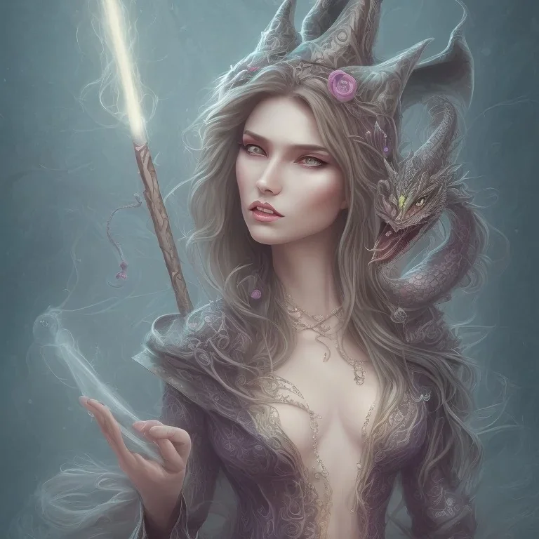 A portrait of a beautiful witch in a dragon costume with a beautiful and exciting spiral wand