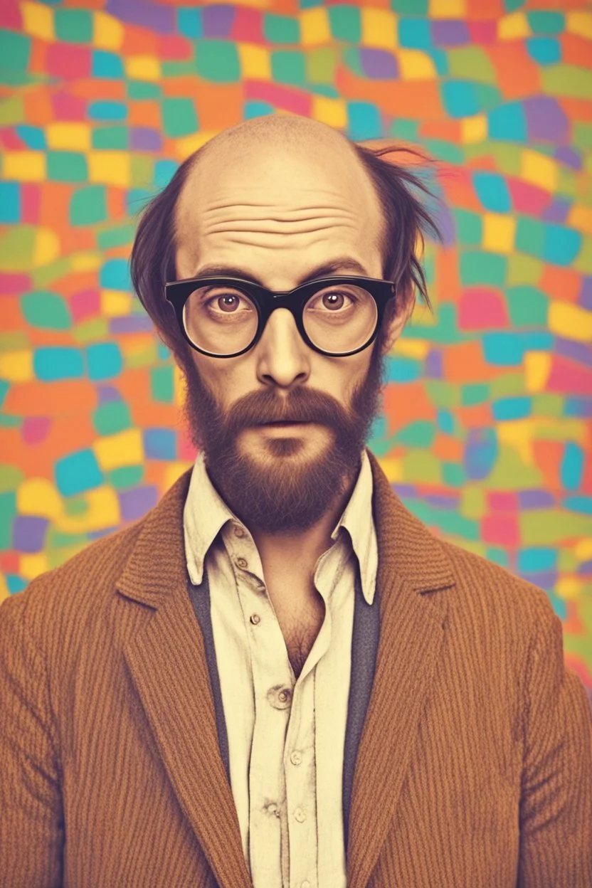 bohemian young ugly, strange not pretty, deformed man with Parisian bohemian look and glasses of colours and poor and short short short and poor hair on the head with receding hairline. Farsightedness glasses with big eyes. Shirt beard in the head. Vintage look and feel like photo style-of the 70s