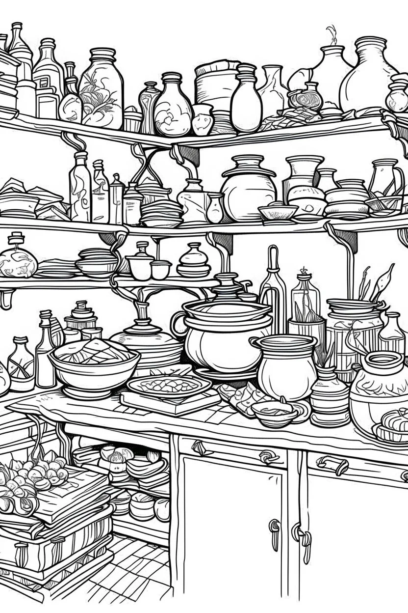 A witch's kitchen with shelves filled with potion ingredients and a bubbling cauldron. Outline, sketch style, only use outline, mandala style, clean line art, white background, no shadows, no clear wall, coloring page.