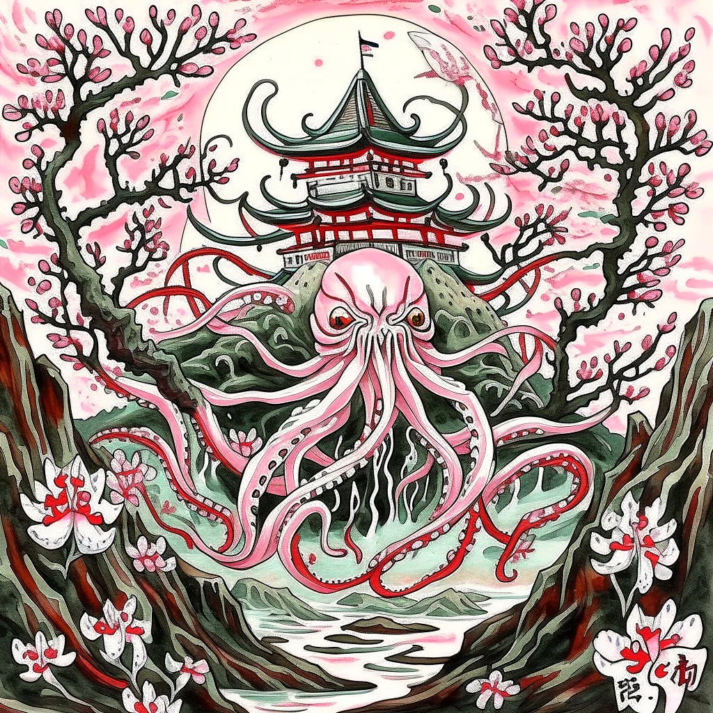 Create a watercolor-inspired Japanese silk painting. The main subject is an grotesque Lovecraftian amphibious six-legged monster skulking ominously in a serene zen garden. The garden is ablaze with the delicate pink color of cherry blossoms in the spring, offering a natural and vibrant contrast. Overlaid on this beautiful scene is vertical Japanese calligraphy, adding an artistic and cultural flair. The composition is dynamic, with the horrible Lovecraftian monstrosity juxtaposed against the gar