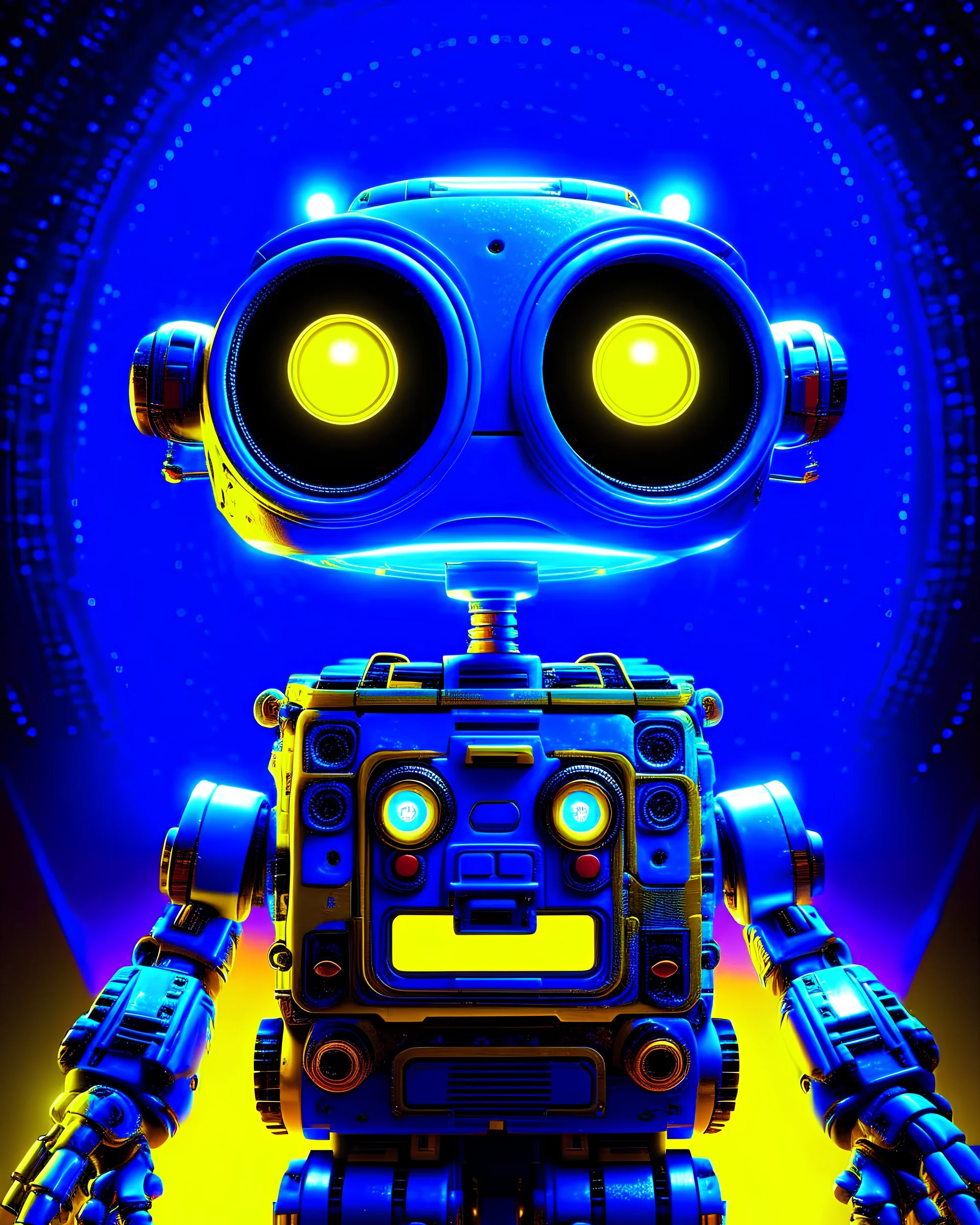 symmetry!! portrait of wall - e, sci - fi, tech wear, blue and yellow glowing lights!! intricate, elegant, highly detailed, digital painting, artstation, concept art, smooth, sharp focus, illustration