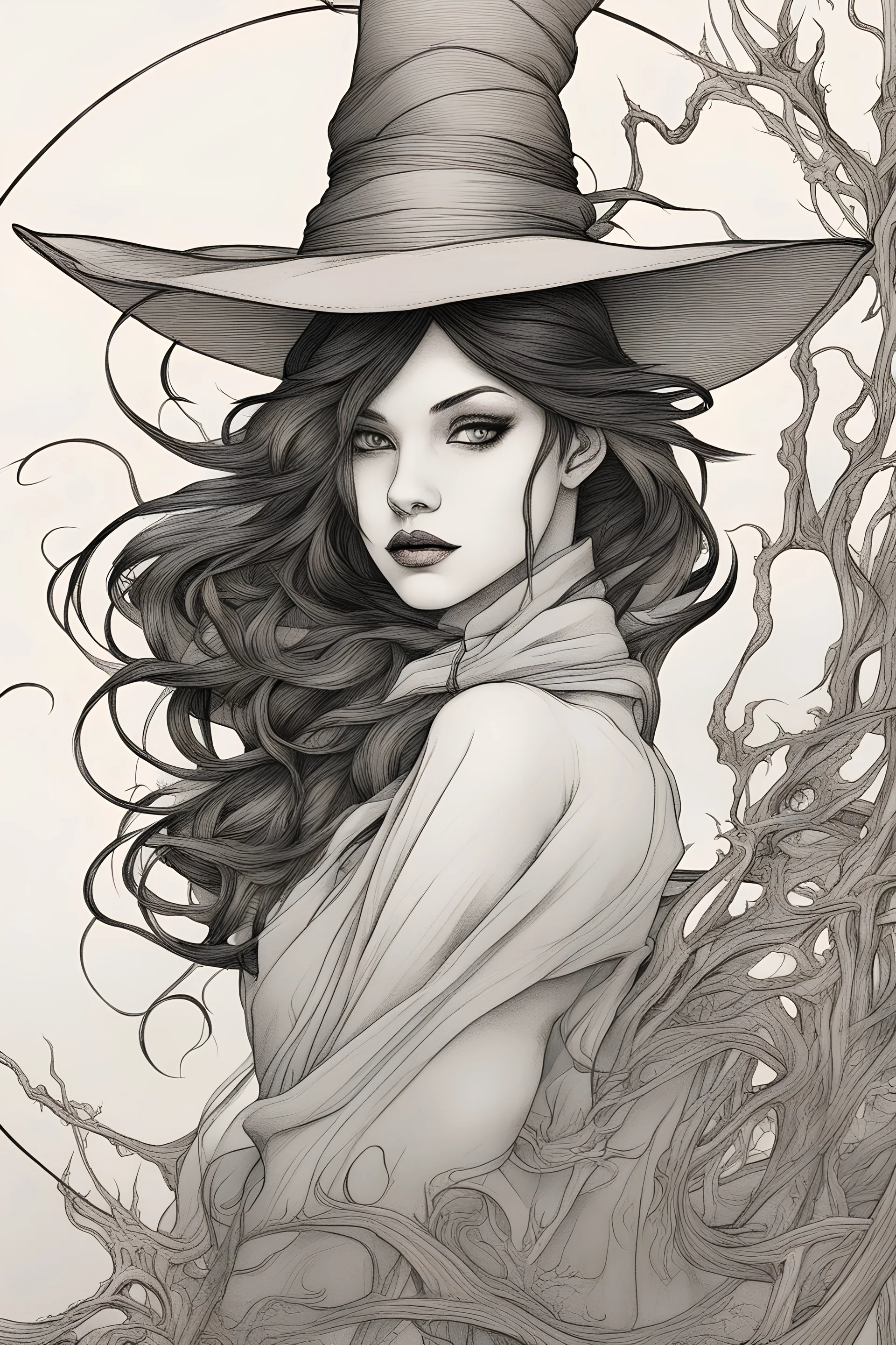 Imagine a captivating illustration that portrays a young witch with flowing black hair and a distinctive black top hat, rendered in a cartoon style with precise black outlines and abundant shading. Picture the witch in a full-bodied stance, each contour defined by meticulous black lines that accentuate her form. Dive into a realm of depth and atmosphere as shadows envelop her, adding an extra layer of realism and drama. With careful attention to detail, bring forth her enigmatic charm through