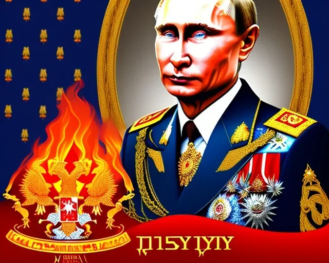 Russia president Vladimir Putin devil fangs blood and Moscow in fire with roket