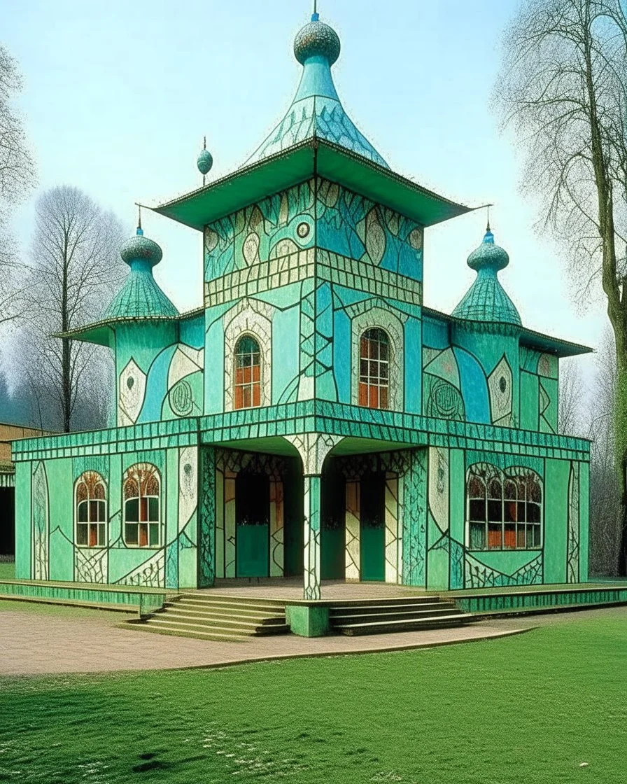 A mint colored Russian cybernetic palace designed in Indian Gond art painted by Paul Klee