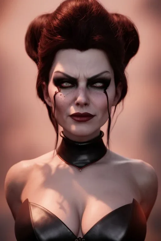 Amy Dumas as evil queen in black leather, leather, busty, cleavage, angry, rage, stern look. character design by cory loftis, fenghua zhong, ryohei hase, ismail inceoglu and ruan jia. unreal engine 5, artistic lighting, highly detailed, photorealistic, fantasy