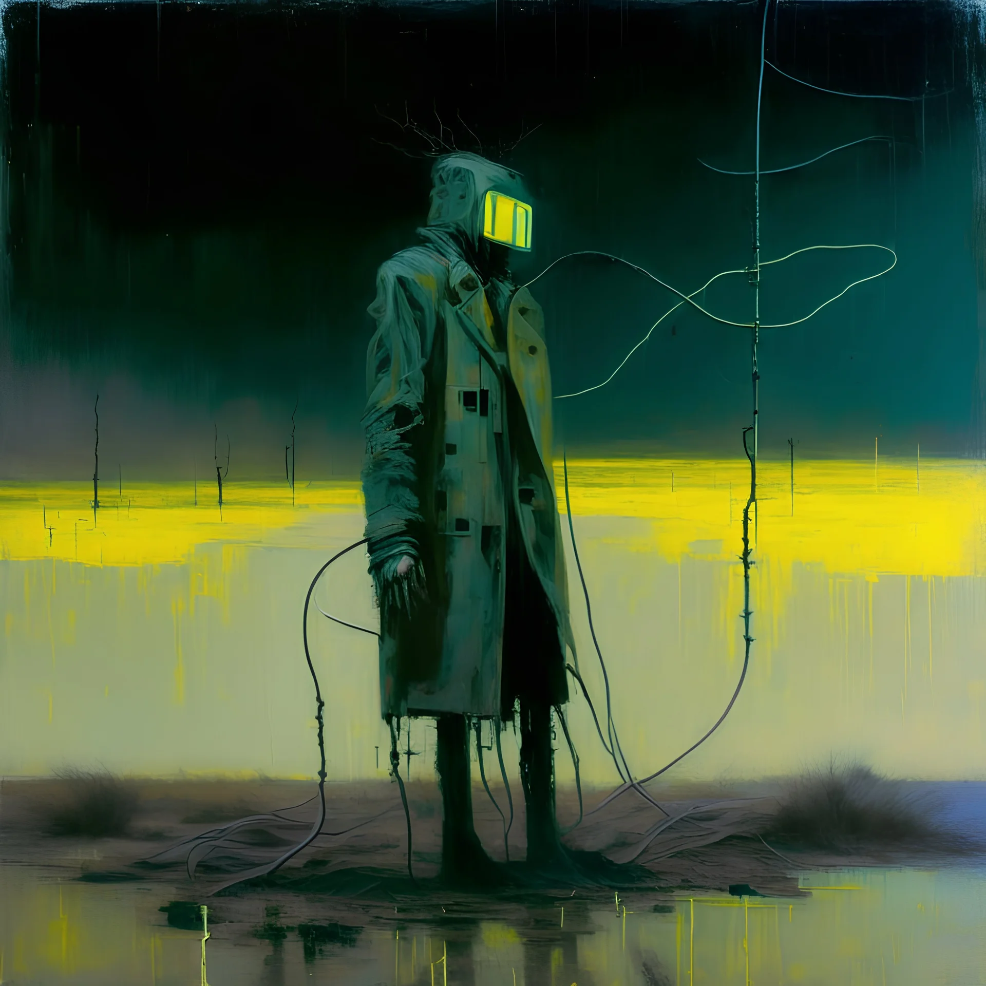 Dystopian future twisted body with retro monitor head and handing wires. Wearing a trench coat. In desolate landscape at night. With a concrete decaying block. Abstract oil painting in style of Justin Mortimer