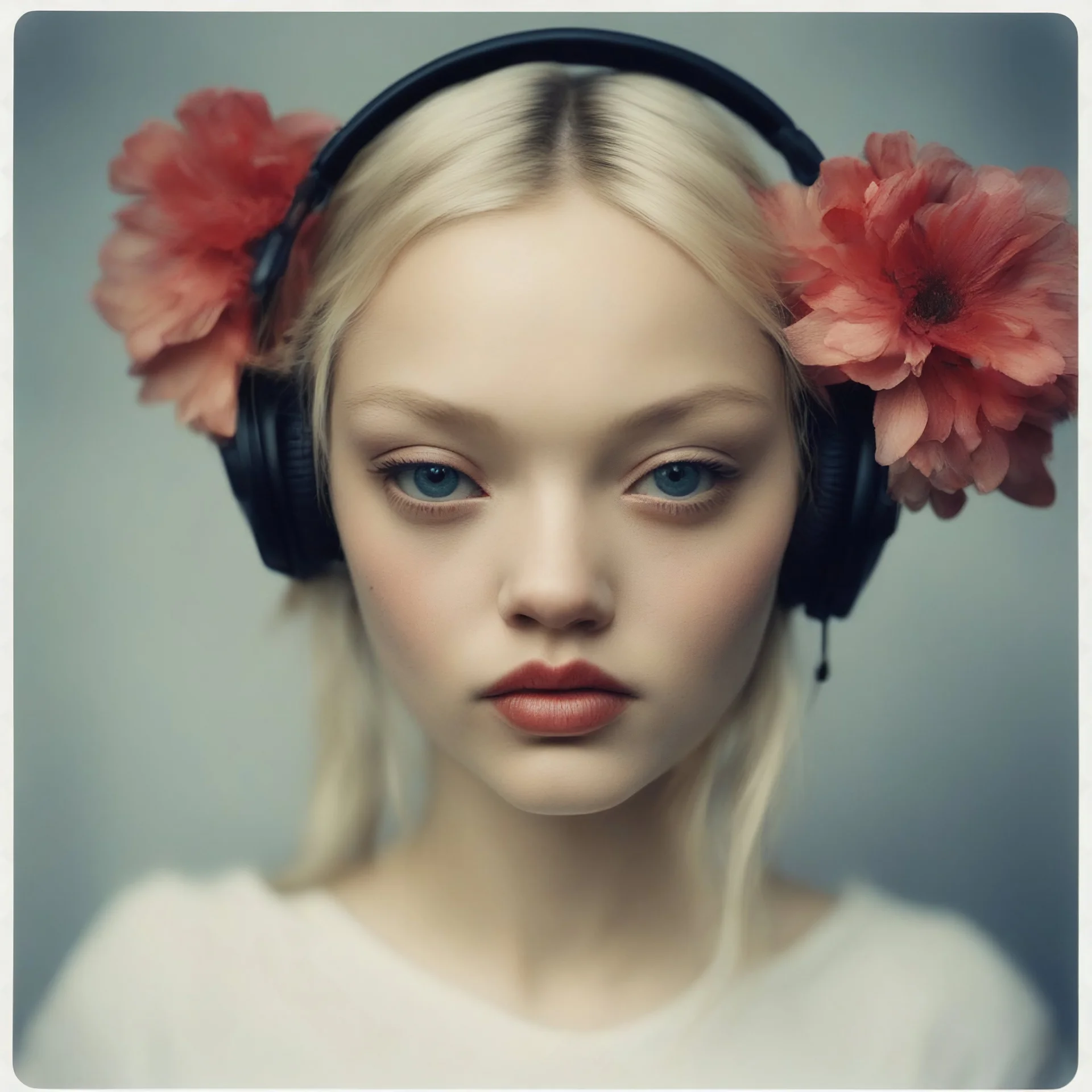 Polaroid head shot of doll faced gemma ward,, pouty bee sryng lips, red nose, hair adorned with strange flowers, red cheeks and nose, headphone