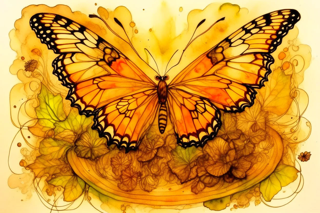 double exposure salad platter butterfly Jean Baptiste Monge watercolor and ink S<AI double exposure burned brown sepia colors abstract lines pastel colors golden glitter ink contours