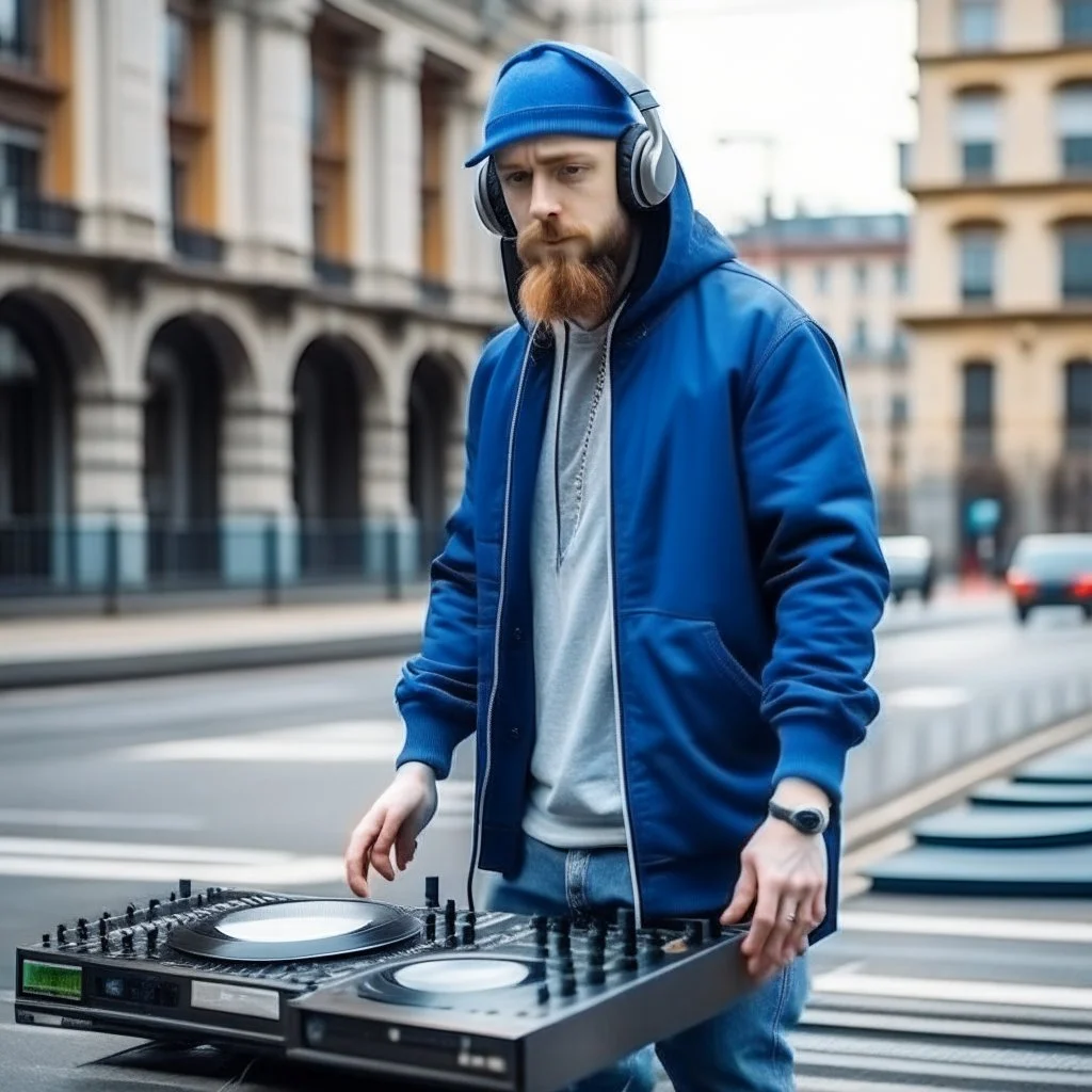 short beard man with cap, DJ play records ,at medeval city street background, full body